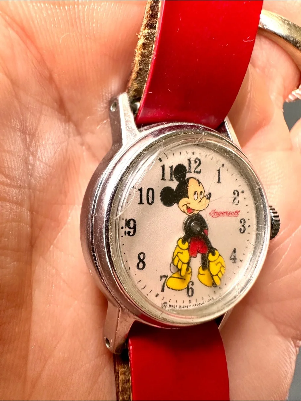 Vintage 1950s Ingersoll Mickey Mouse Hand Wind Kids Watch Disney Red Strap AS IS